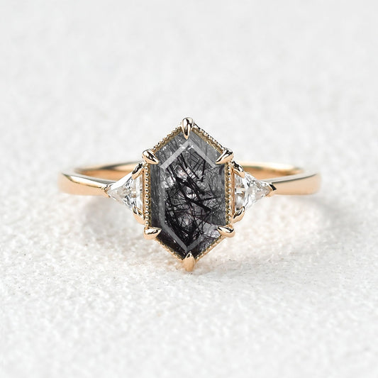 1.5CT Geometric Moss Agate Three-Stone Vintage Ring