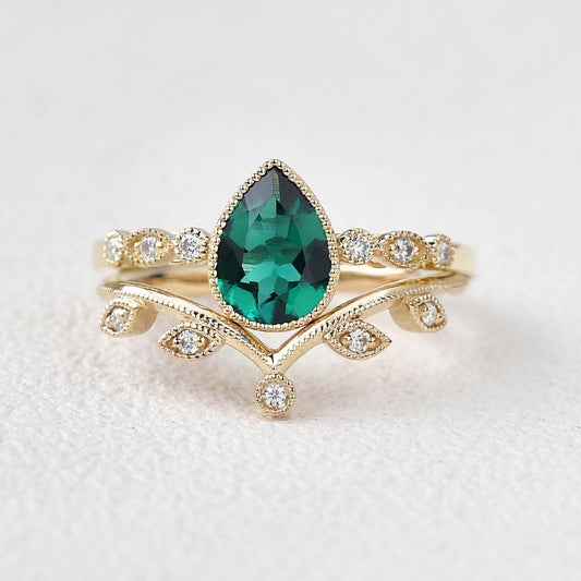 Pear Shaped Lab Emerald Yellow Gold Ring Set 2pcs