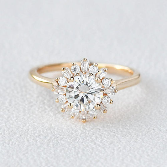 Sunflower Moissanite Halo Yellow Gold Inspired Ring