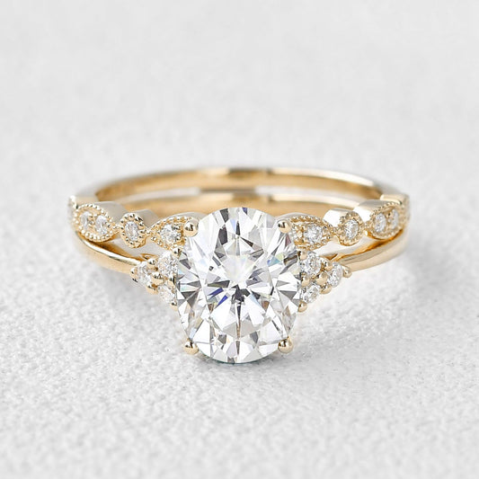 Vintage 2.0CT Oval Cut Moissanite Cluster Ring Set 2pcs