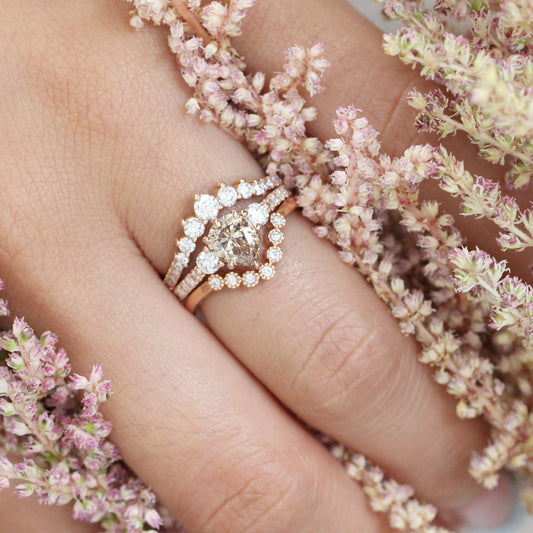 1.29 Ct Pear Champagne Diamond Ring in 14k Rose Gold 3 Stone Pave Band, Size 6.5