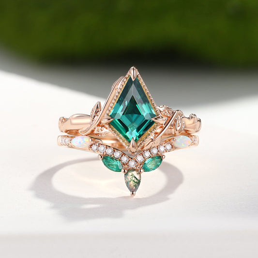 Lark Kite Cut Moss Agate Leafy Opal & Emerald Engagement Ring Sets 2pcs