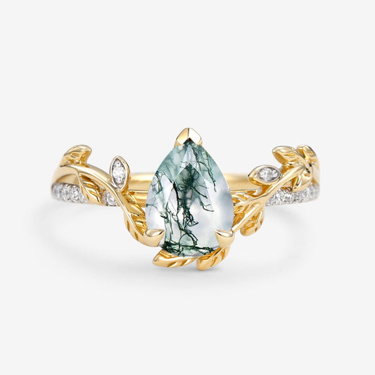 Vintage Pear Shaped Moss Agate Leafy Engagement Ring