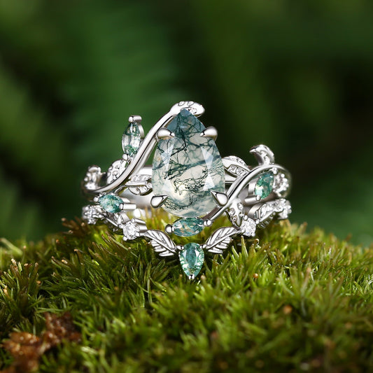 Daphne Pear Cut Moss Agate Vine Engagement Ring Set 2pcs
