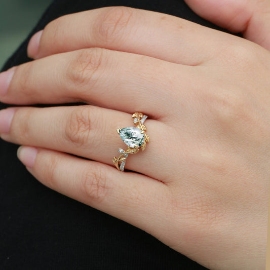 Vintage Pear Shaped Moss Agate Leafy Engagement Ring