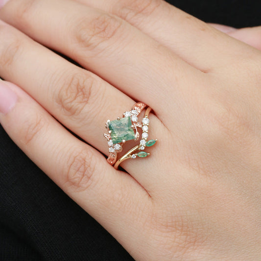 Nature Inspired Green Leafy Princess Cut Moss Agate Engagement Ring Set 2PCS