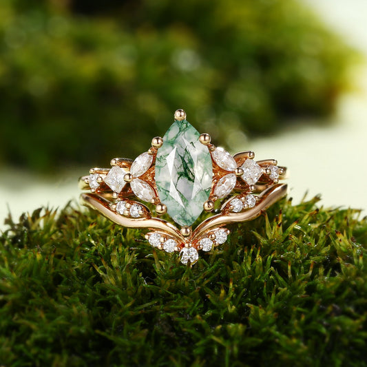 Nature Inspired Marquise Cut Moss Agate Leafy Engagement Ring Sets 2pcs
