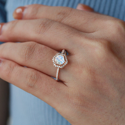 Vintage Hexagon Moonstone & Moissantie Halo Ring