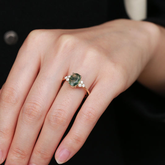 Aurora Oval Moss Agate Classic Cluster Engagement Ring