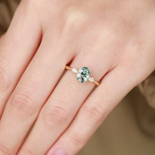 Oval Moss Agate Hidden Halo Three Stone Engagement Ring