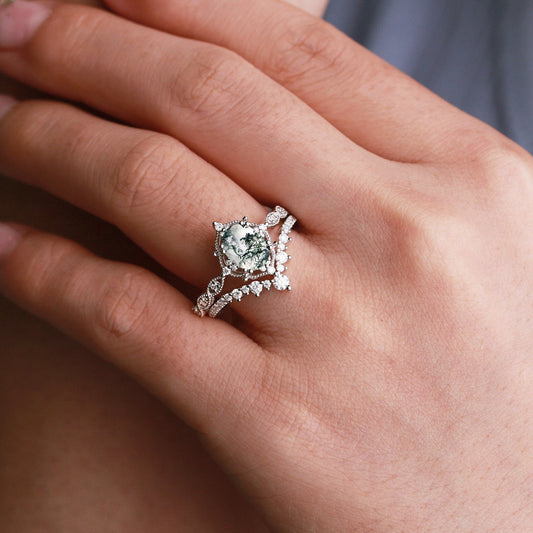 Charlotte 2.0CT Signature Vintage Moss Agate Big Ring Set 2pcs