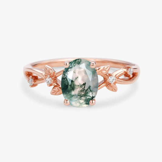Nature Inspired Oval Cut Moss Agate Leafy Engagement Ring