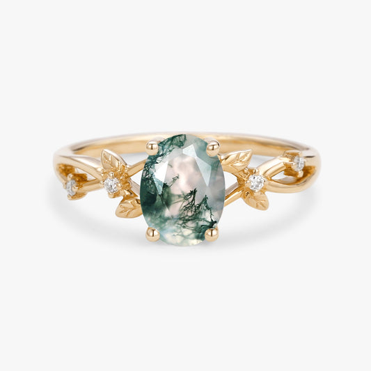 Nature Inspired Oval Cut Moss Agate Leafy Engagement Ring