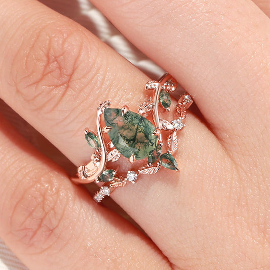 Daphne Pear Cut Moss Agate Vine Engagement Ring Set 2pcs