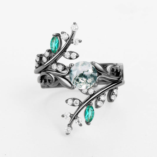 Round Shaped Moss Agate & Emerald Engagement Ring Sets 2PCS