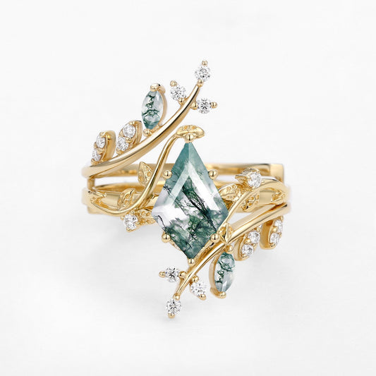 Knight Nature Inspired Kite Cut Moss Agate Cage Leafy Ring 2pcs