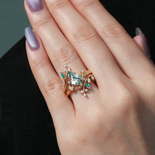 Knight Kite Cut Moss Agate & Emerald Cage Leafy Engagement Ring Sets 2pcs