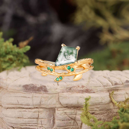 Kite Cut Moss Agate & Emerald Leafy Unique Engagement Ring