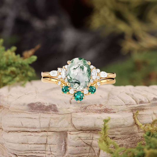 Natural Oval Cut Moss Agate & Lab Emerald Engagement Ring Sets 2pcs