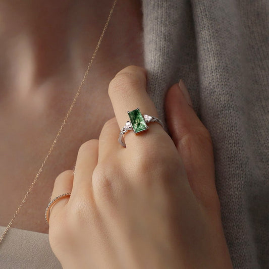 Modern Statement Rectangle Moss Agate Ring in Sterling Silver