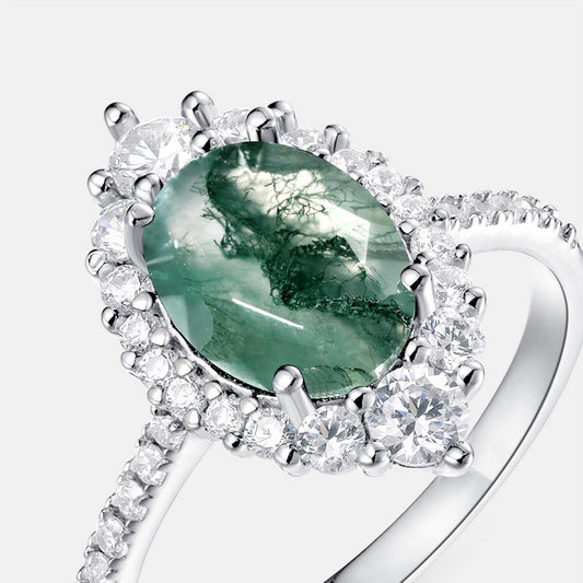 Elegance Minimalist Oval Moss Agate Statement Ring in Sterling Silver