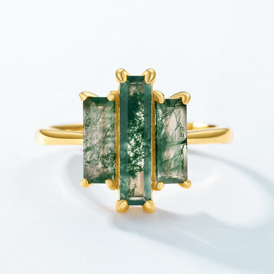 Geometric Tri-Panel Moss Agate Gold Statement Adjustable Open Ring