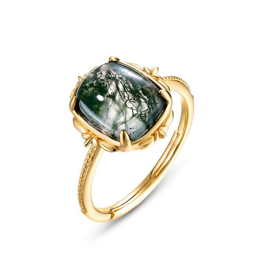 Minimalist Geometric Moss Agate Solitaire Ring in Sterling Silver