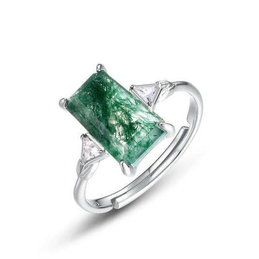 Modern Statement Rectangle Moss Agate Ring in Sterling Silver