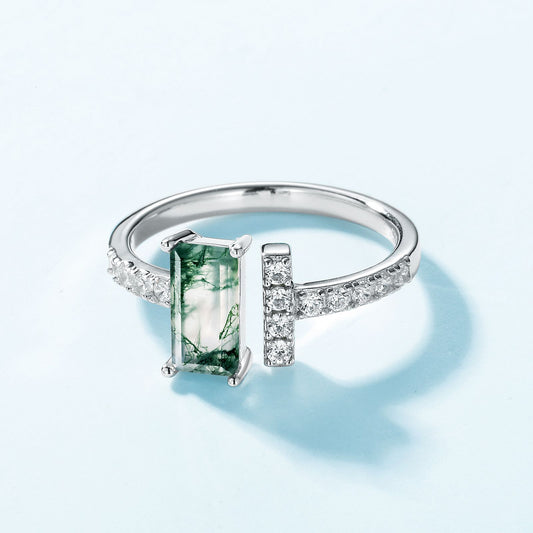 Statement Nail-Style Moss Agate Adjustable Open Ring in Sterling Silver