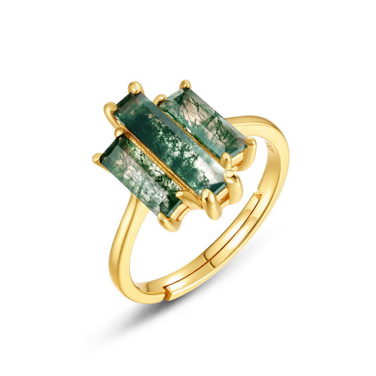 Geometric Tri-Panel Moss Agate Gold Statement Adjustable Open Ring