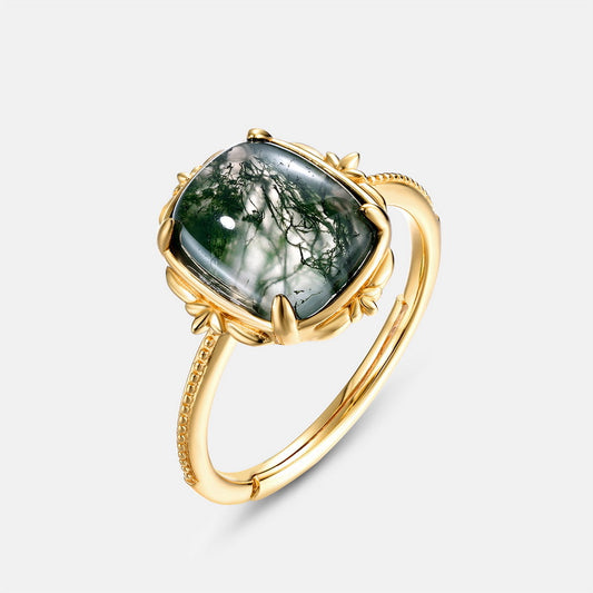Minimalist Geometric Moss Agate Solitaire Ring in Sterling Silver