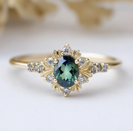 1CT Oval Cut Royal Glow Green Halo Engagement Ring