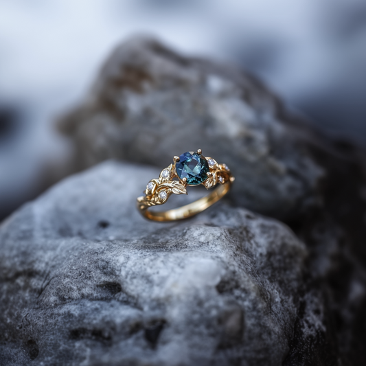 Enchanted Garden Ring: Round Sapphire with a Diamond Vine Band, Rare Blue Sapphire Engagement Ring