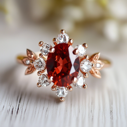 1CT Oval Cut Deep Red Gemstone Halo Engagement Ring