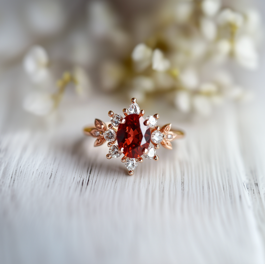 1CT Oval Cut Deep Red Gemstone Halo Engagement Ring