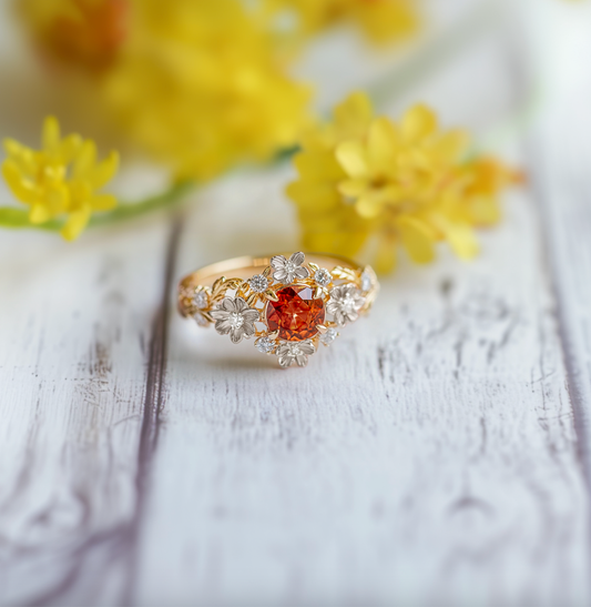Eve's Blossom | Round Mandarin Garnet Engagement Ring with Petal Setting