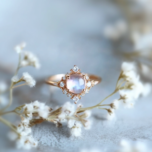 The Eternal Stars Engagement Ring – Cabochon Moonstone & Graduated Diamond Halo