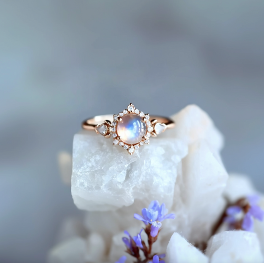 Lunar Cabochon Halo Ring – Vintage Moonstone & Diamond Engagement Ring