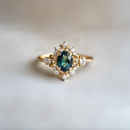 Isis' Crown Ring – Teal Sapphire & Diamond Halo Engagement Ring