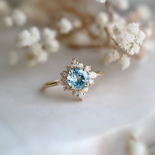 Marina's Swell – Round Cut Aquamarine Halo Engagement Ring