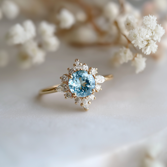 Marina's Swell | Round Cut Aquamarine Halo Engagement Ring