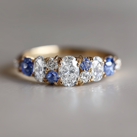 Cordelia’s Keepsake | Thistle Blue Sapphire & Moissanite Half‑Eternity Ring