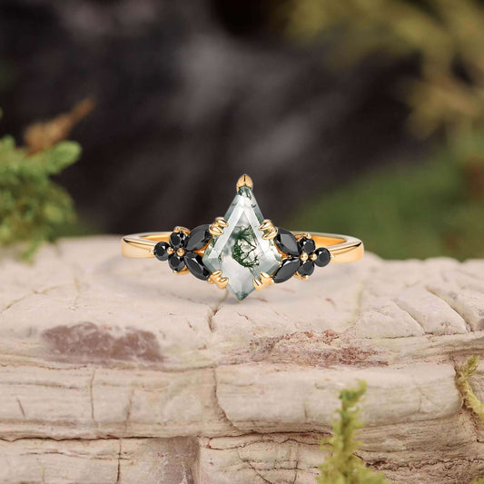 Unique Kite Cut Moss Agate & Black Onyx Leaf Engagement Ring