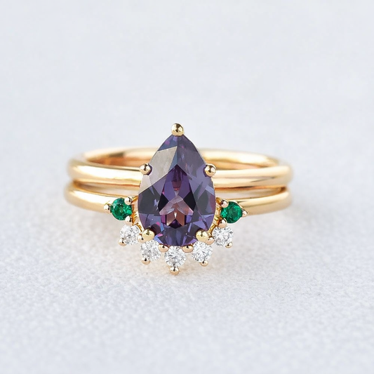Alexandrite & Emerald & Moissanite Pear Shaped Gold Ring Set 2pcs