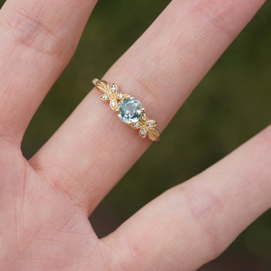 Nature 1CT Round Cut Blue Gemstone Leafy Engagement Ring