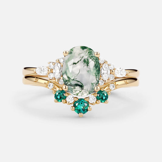 Natural Oval Cut Moss Agate & Lab Emerald Engagement Ring Sets 2pcs
