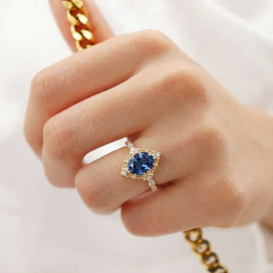 Vintage London Blue Topaz & Moissanite Art Deco Ring