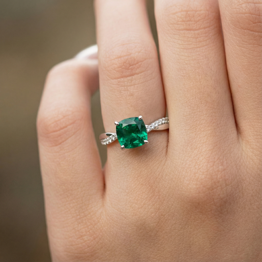 2.0CT Cushion Cut Emerald Classic Solitaire Twist Ring