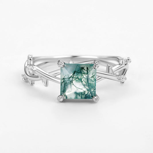 Nature Inspired Princess Cut Moss Agate Leafy Engagement Ring