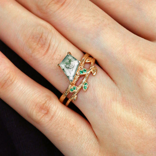 Kite Cut Moss Agate & Emerald Leafy Unique Engagement Ring